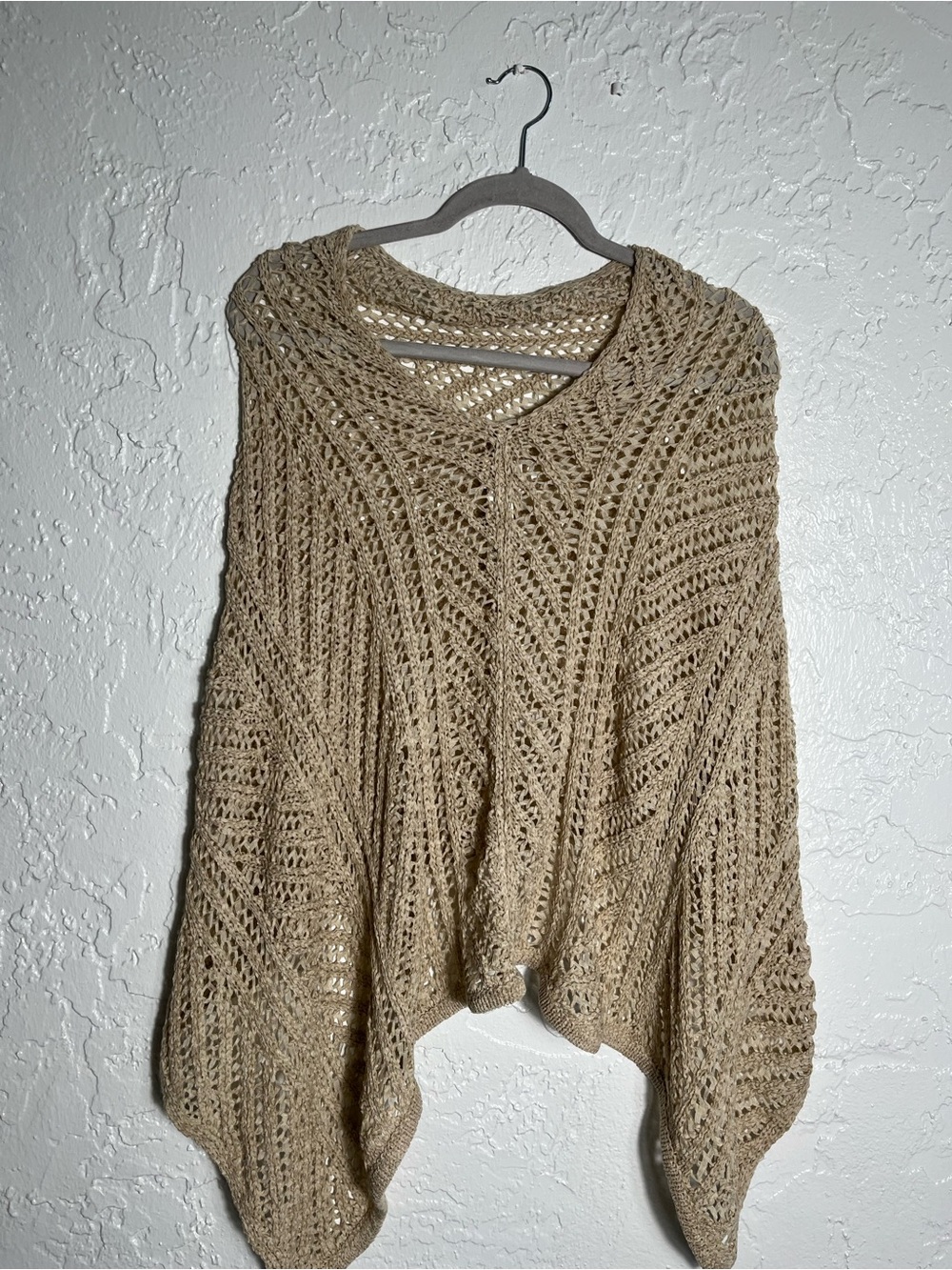 Chico’s Open Knit Crochet Poncho Sweater Beige Boho Festival Cover‎ Up